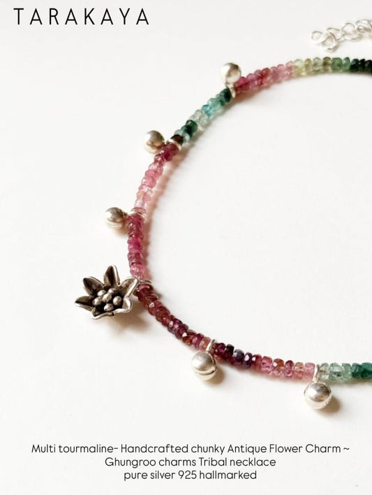 925 Sterling Silver Multi Tourmaline Chunky Antique Floral Charm & Ghungroo Tribal Necklace