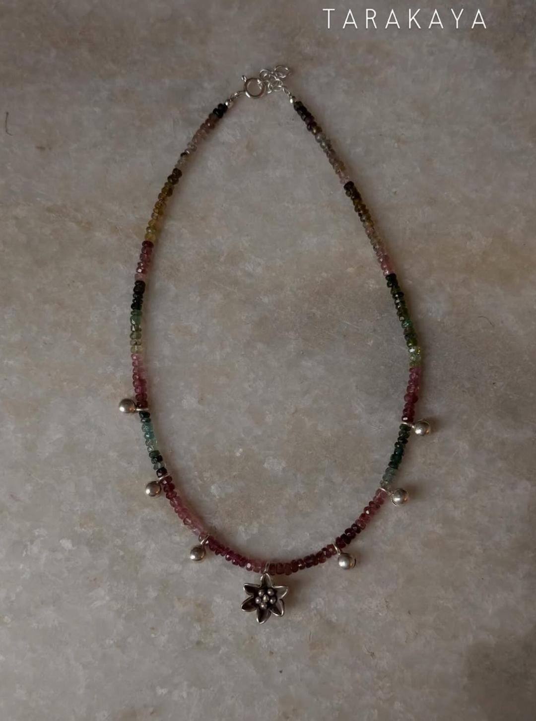 925 Sterling Silver Multi Tourmaline Chunky Antique Floral Charm & Ghungroo Tribal Necklace