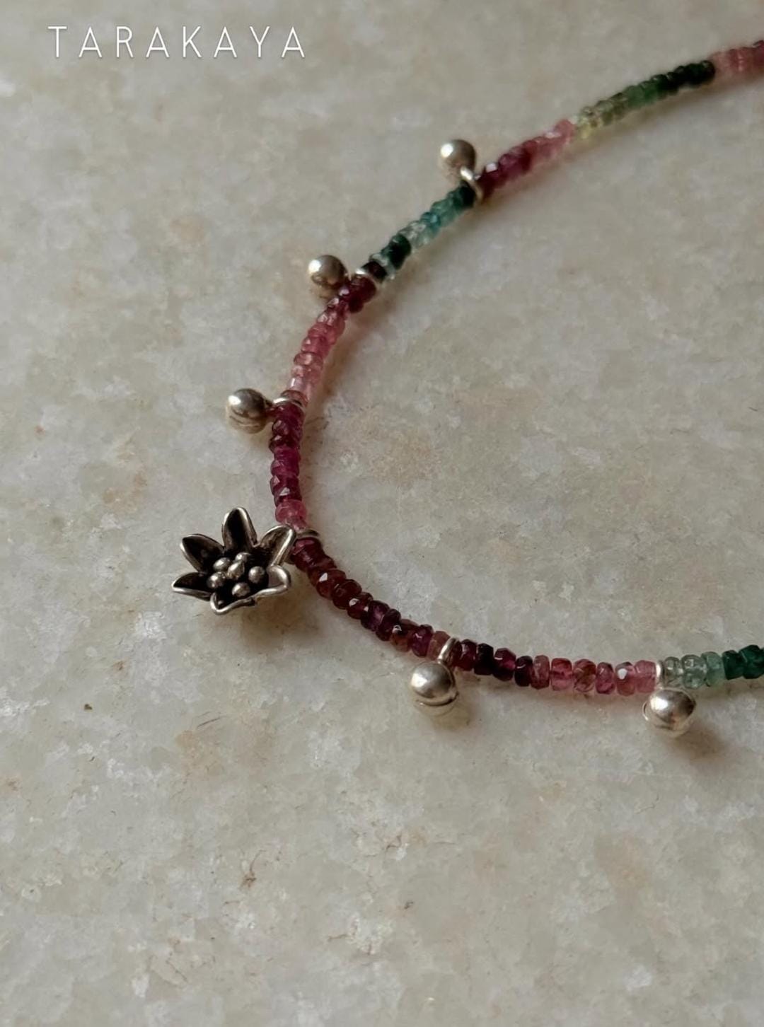 925 Sterling Silver Multi Tourmaline Chunky Antique Floral Charm & Ghungroo Tribal Necklace