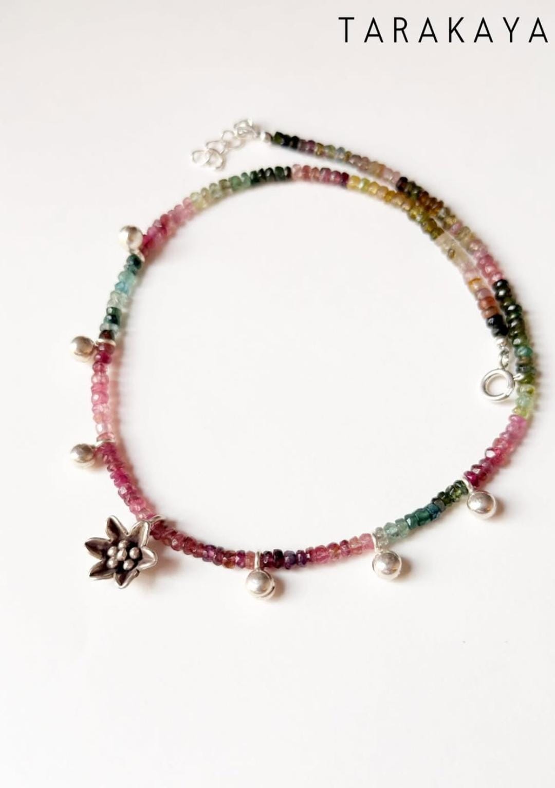 925 Sterling Silver Multi Tourmaline Chunky Antique Floral Charm & Ghungroo Tribal Necklace
