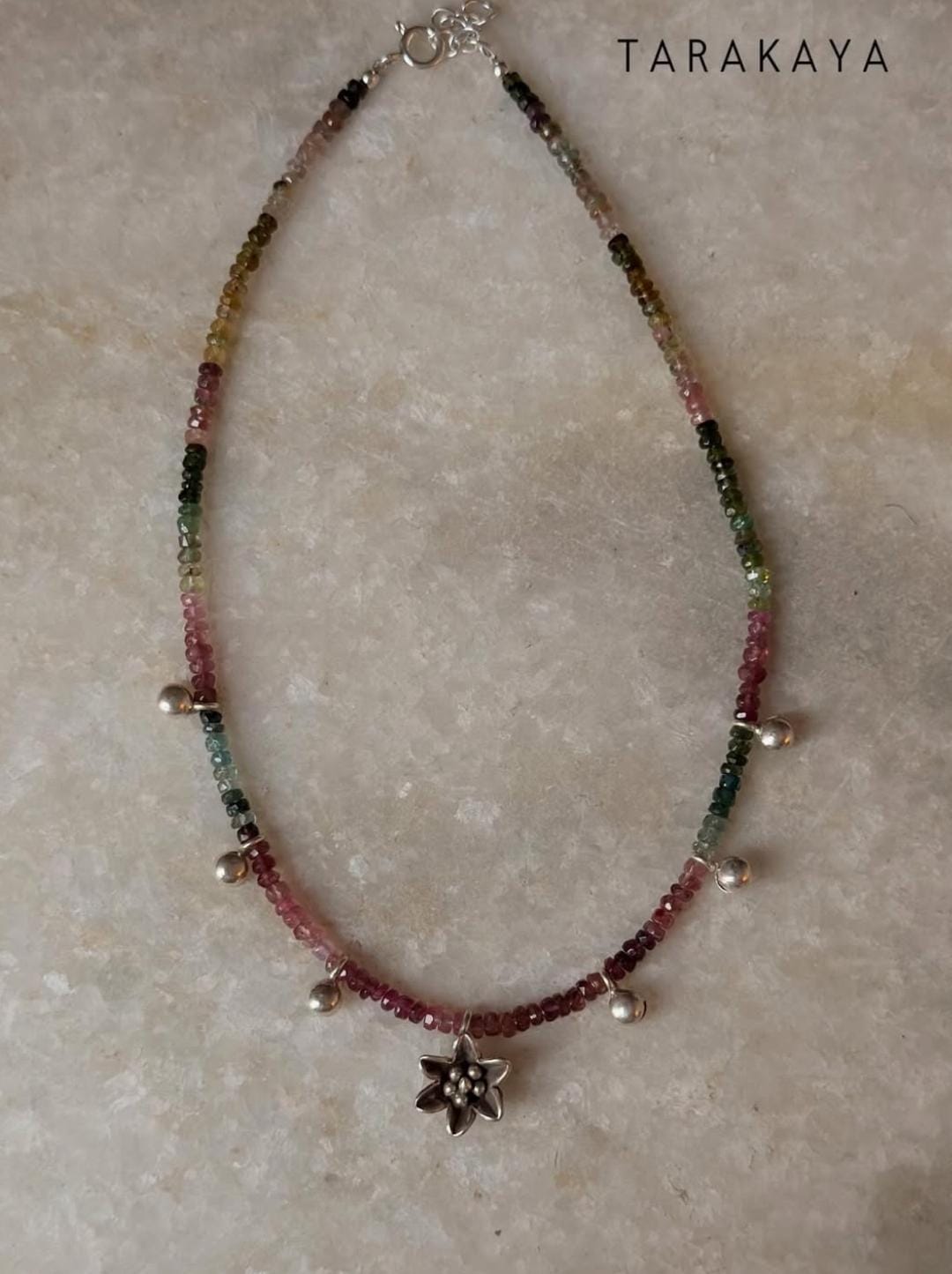 925 Sterling Silver Multi Tourmaline Chunky Antique Floral Charm & Ghungroo Tribal Necklace
