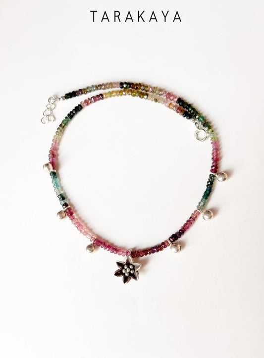 925 Sterling Silver Multi Tourmaline Chunky Antique Floral Charm & Ghungroo Tribal Necklace