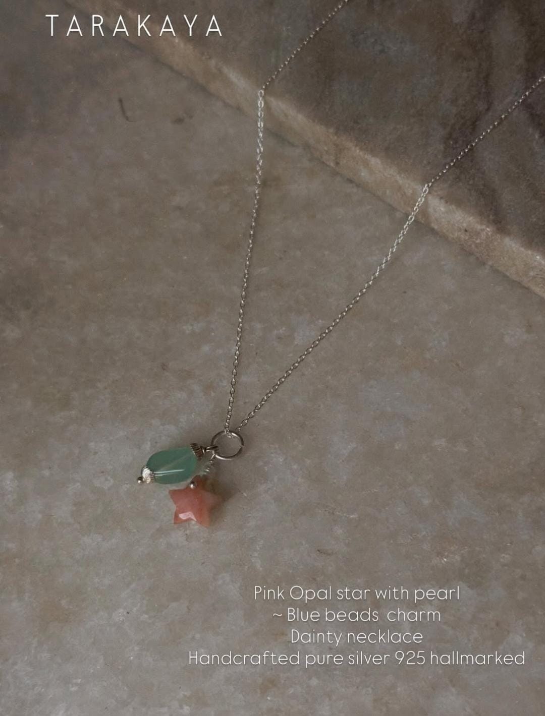 925 Sterling Silver Pink Opal Star, Pearl with Blue Bead Handcrafted Necklace