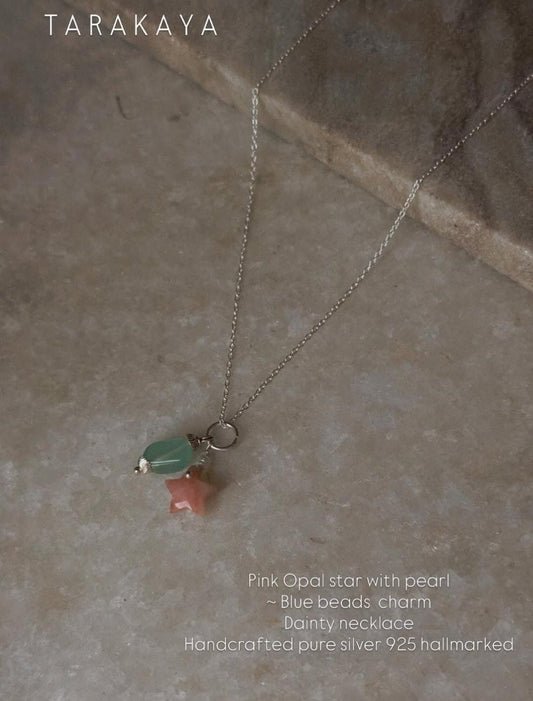 925 Sterling Silver Pink Opal Star, Pearl with Blue Bead Handcrafted Necklace