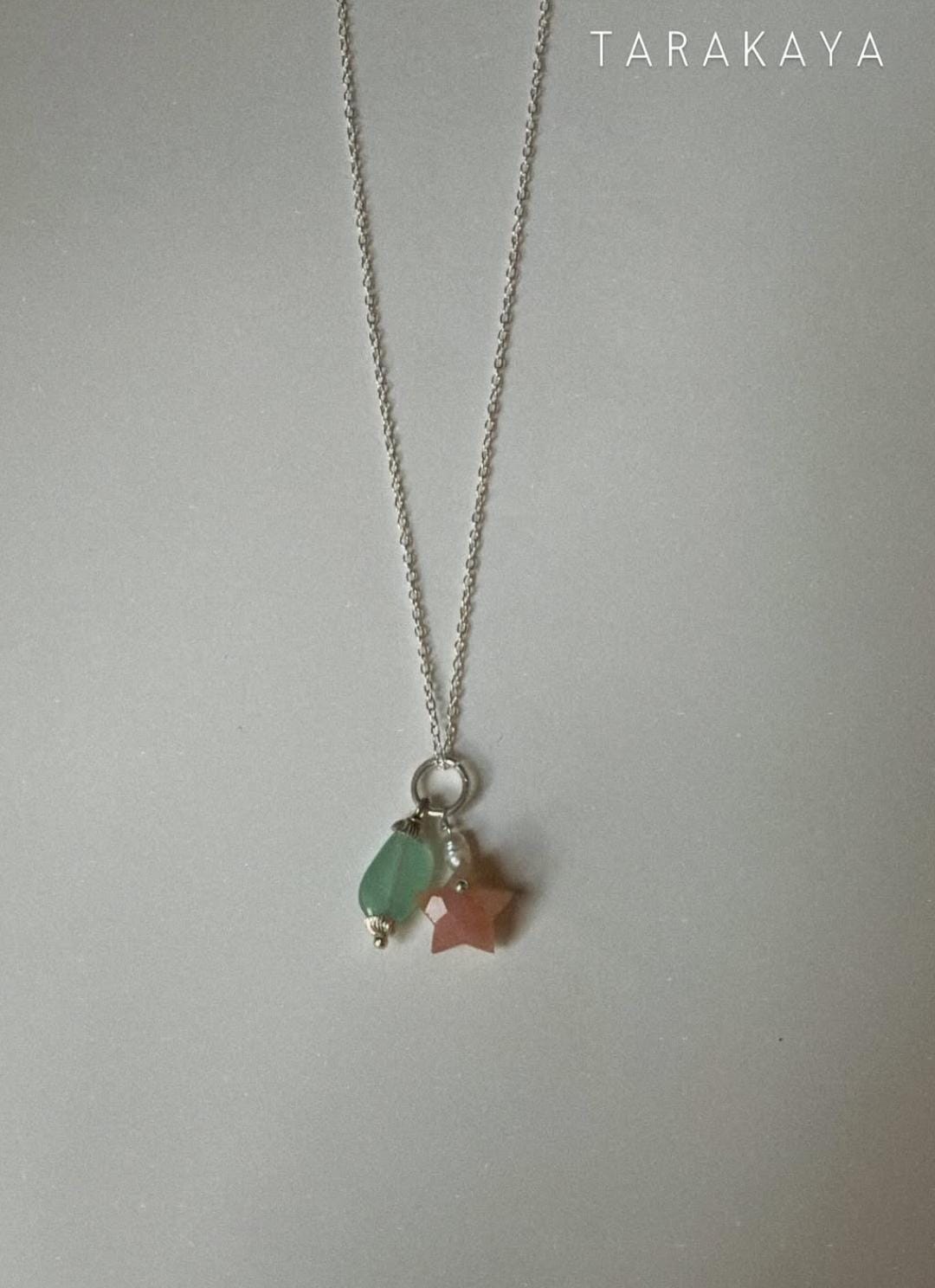 925 Sterling Silver Pink Opal Star, Pearl with Blue Bead Handcrafted Necklace