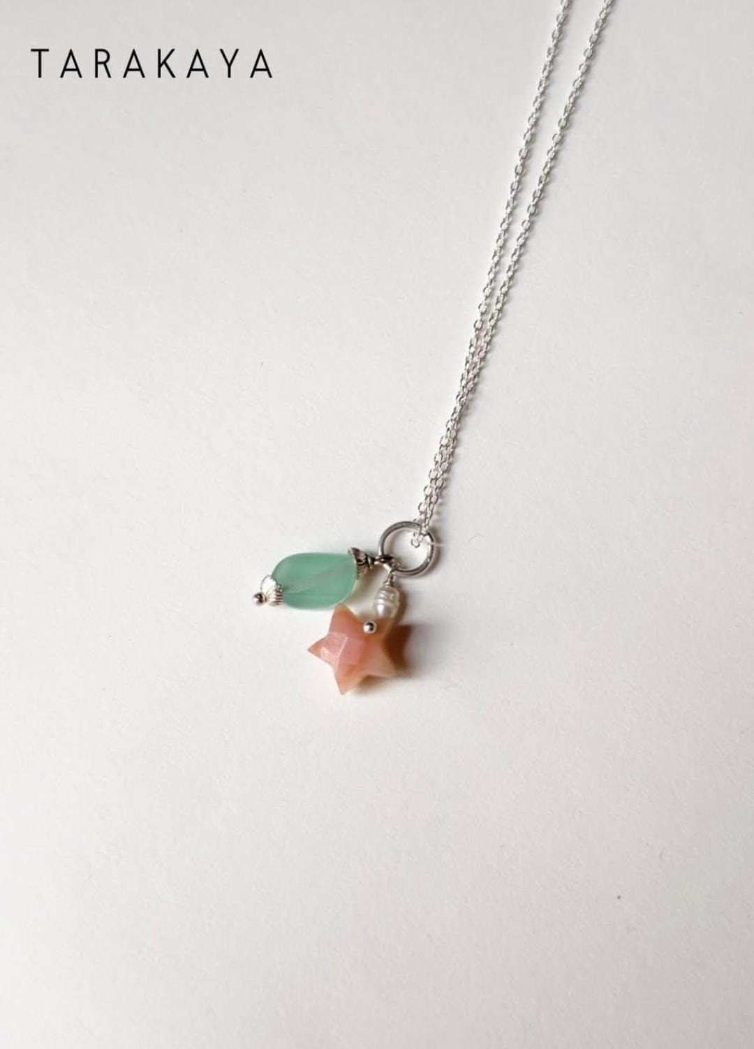 925 Sterling Silver Pink Opal Star, Pearl with Blue Bead Handcrafted Necklace