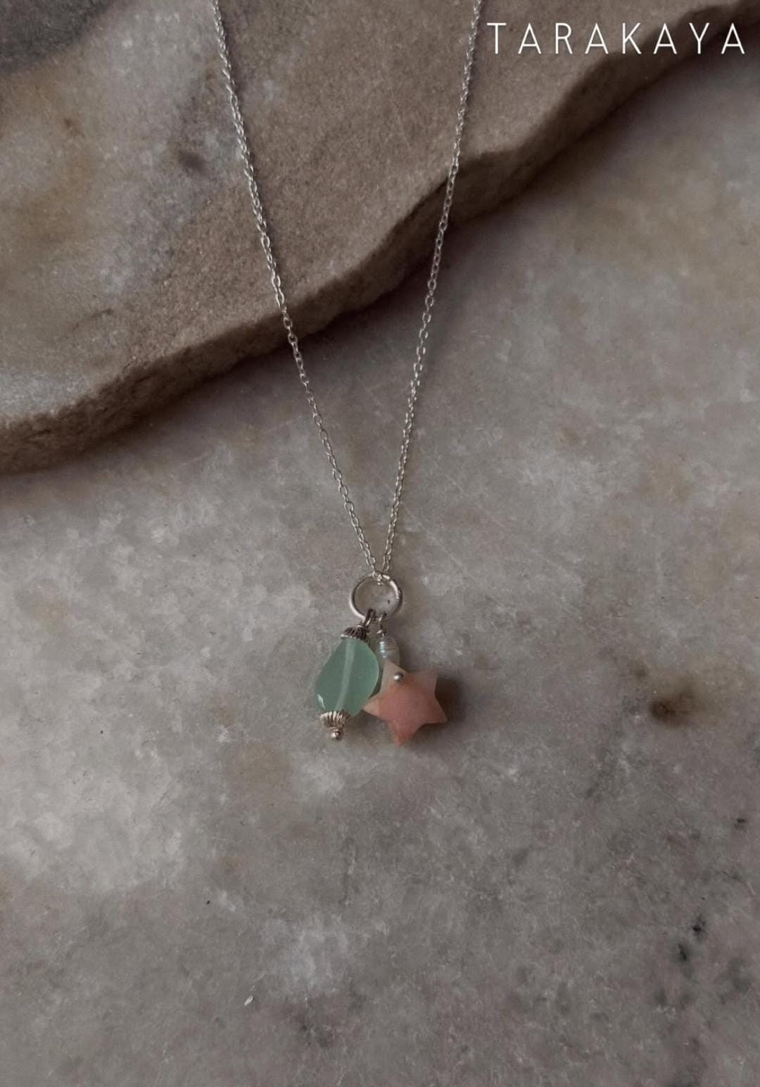 925 Sterling Silver Pink Opal Star, Pearl with Blue Bead Handcrafted Necklace