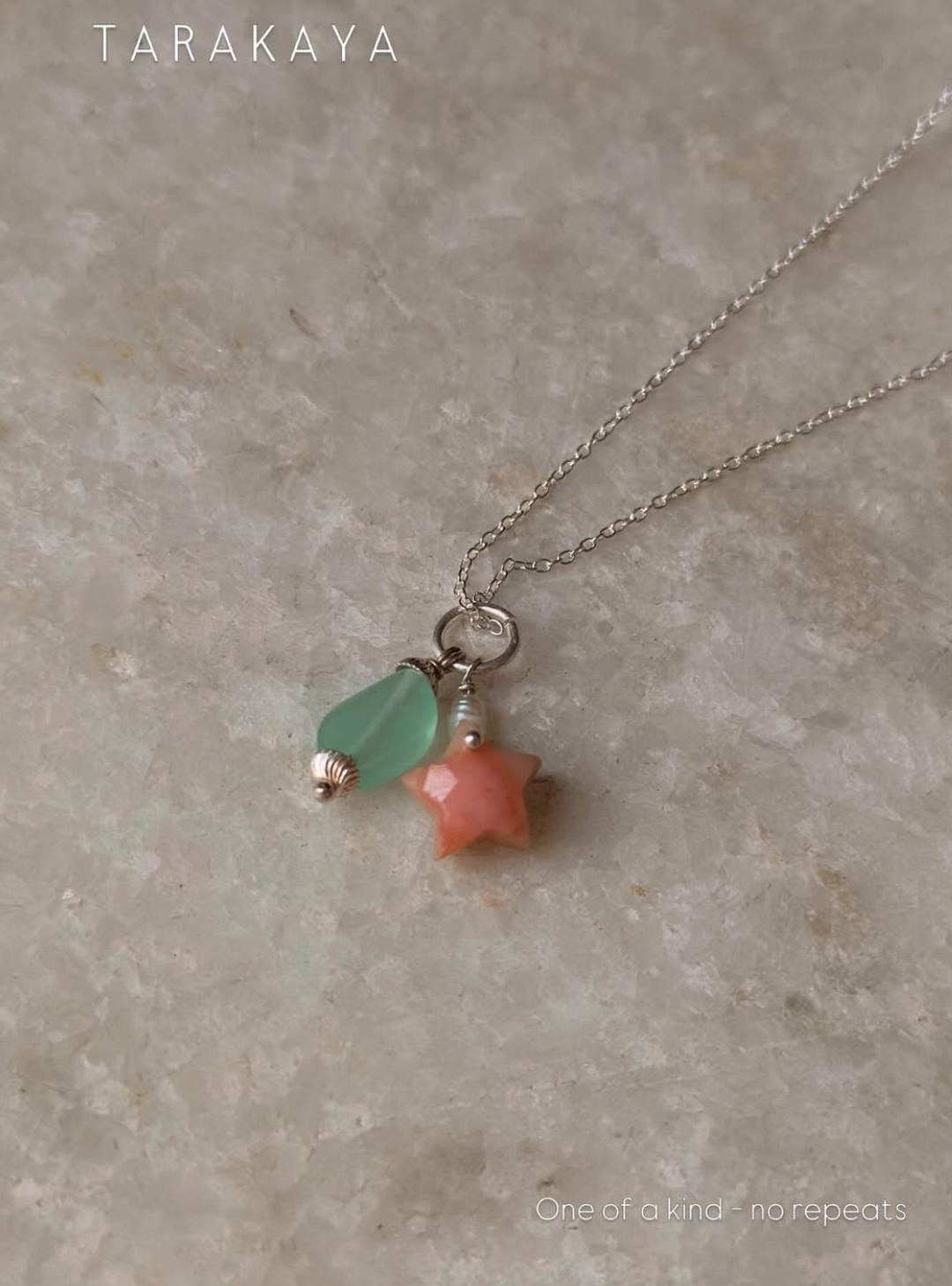 925 Sterling Silver Pink Opal Star, Pearl with Blue Bead Handcrafted Necklace