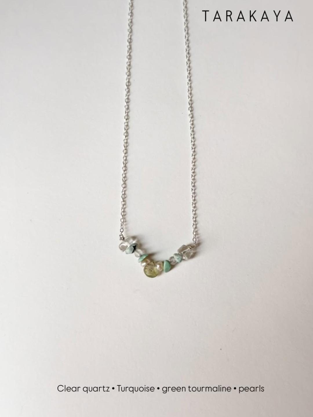 925 Sterling Silver Green Tourmaline Pear, Pearls, Turquoise & Clear Quartz Handcrafted Necklace