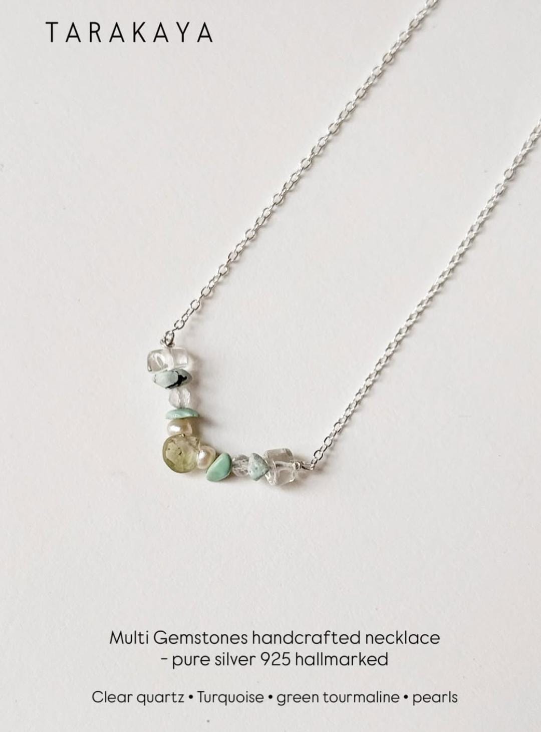 925 Sterling Silver Green Tourmaline Pear, Pearls, Turquoise & Clear Quartz Handcrafted Necklace