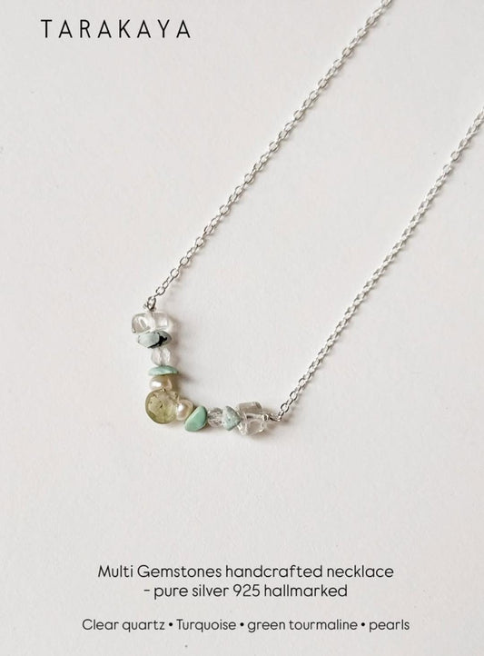 925 Sterling Silver Green Tourmaline Pear, Pearls, Turquoise & Clear Quartz Handcrafted Necklace