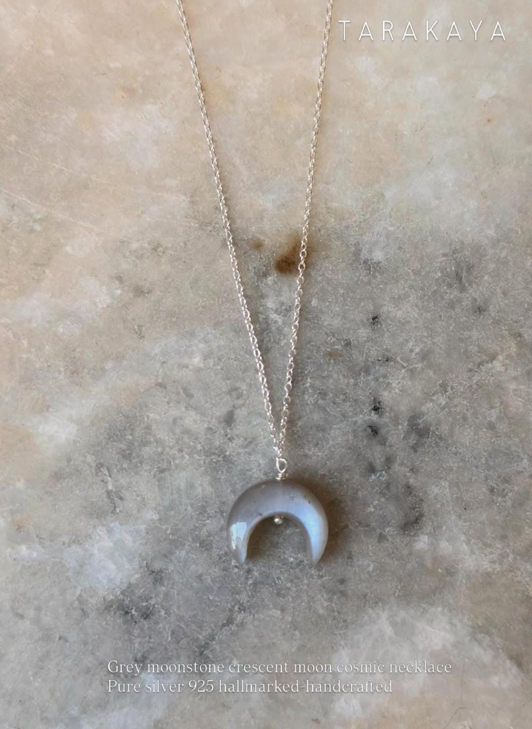 Grey Moonstone Crescent Moon Crystal 925 Sterling Silver Necklace