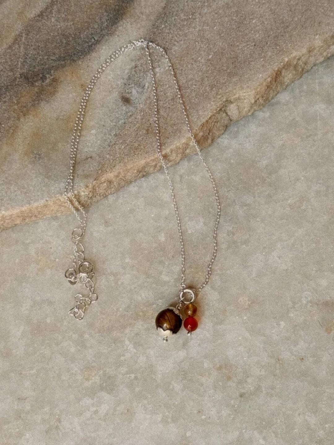 925 Sterling Silver Brown Cats Eye, Citrine and Carnelian Handcrafted Necklace