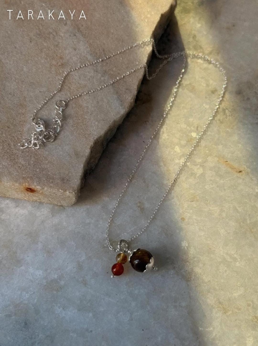 925 Sterling Silver Brown Cats Eye, Citrine and Carnelian Handcrafted Necklace