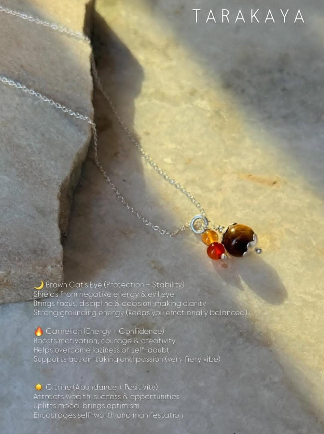 925 Sterling Silver Brown Cats Eye, Citrine and Carnelian Handcrafted Necklace