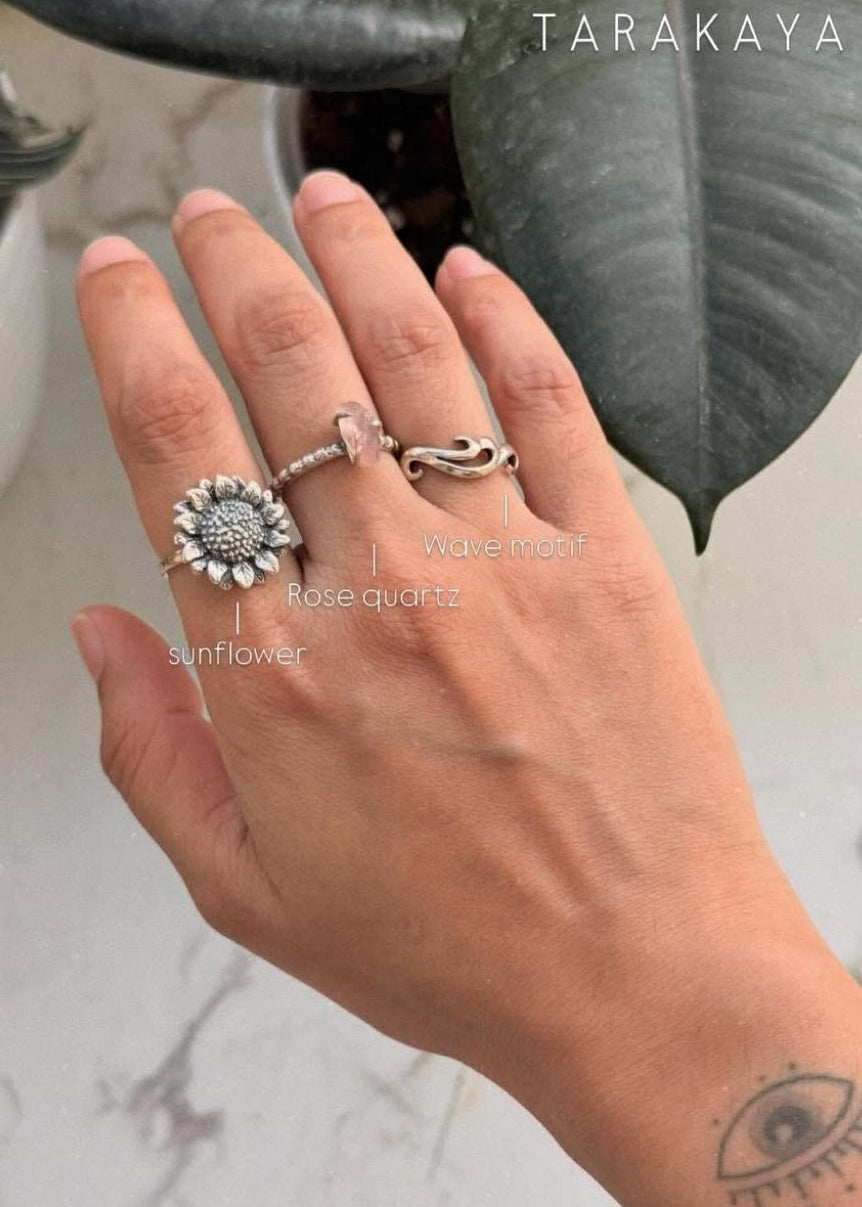 925 Sterling Silver Natural Rose Quartz Raw Uncut Dot Band Ring