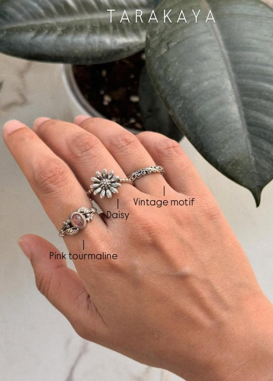 925 Sterling Silver Thin Boho Vintage Motif Stackable Band Ring