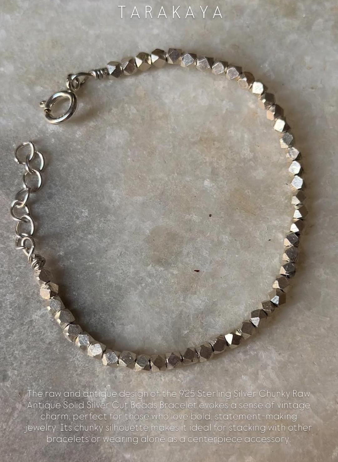 925 Sterling Silver Chunky Raw Hill Tribe Handcrafted Solid Silver Cut Beads In Silver Wire Bracelet