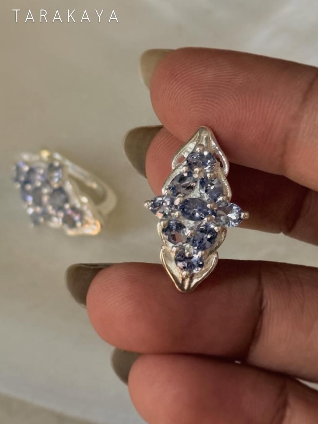 925 Sterling Silver Tanzanite leaf Flower Statement Earrings