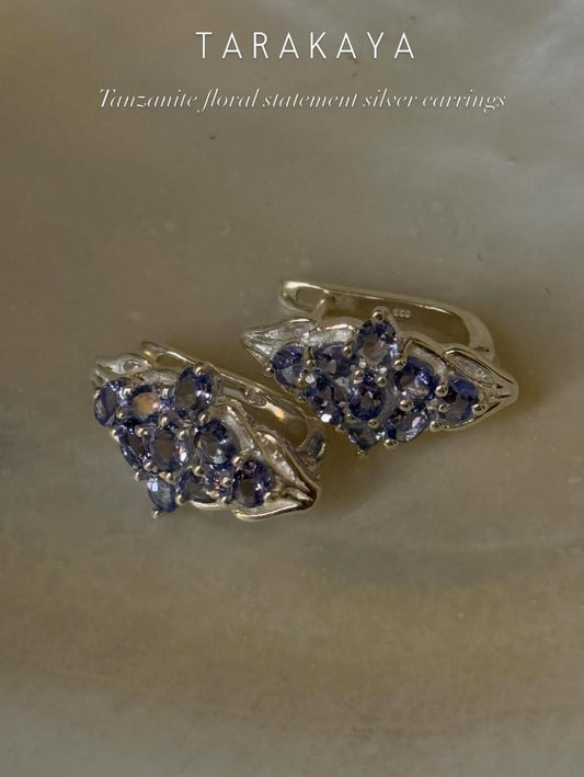 925 Sterling Silver Tanzanite leaf Flower Statement Earrings