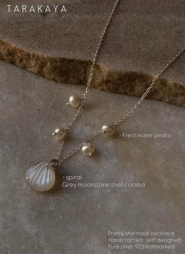 925 Sterling Silver Fresh Water Pearls Grey Moonstone Shell Carved Handcrafted Necklace