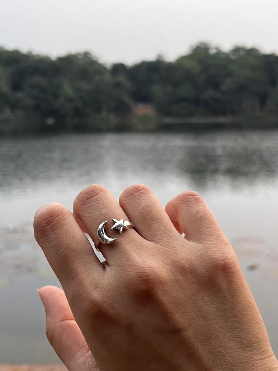 925 Sterling Silver Star Moon Adjustable Ring