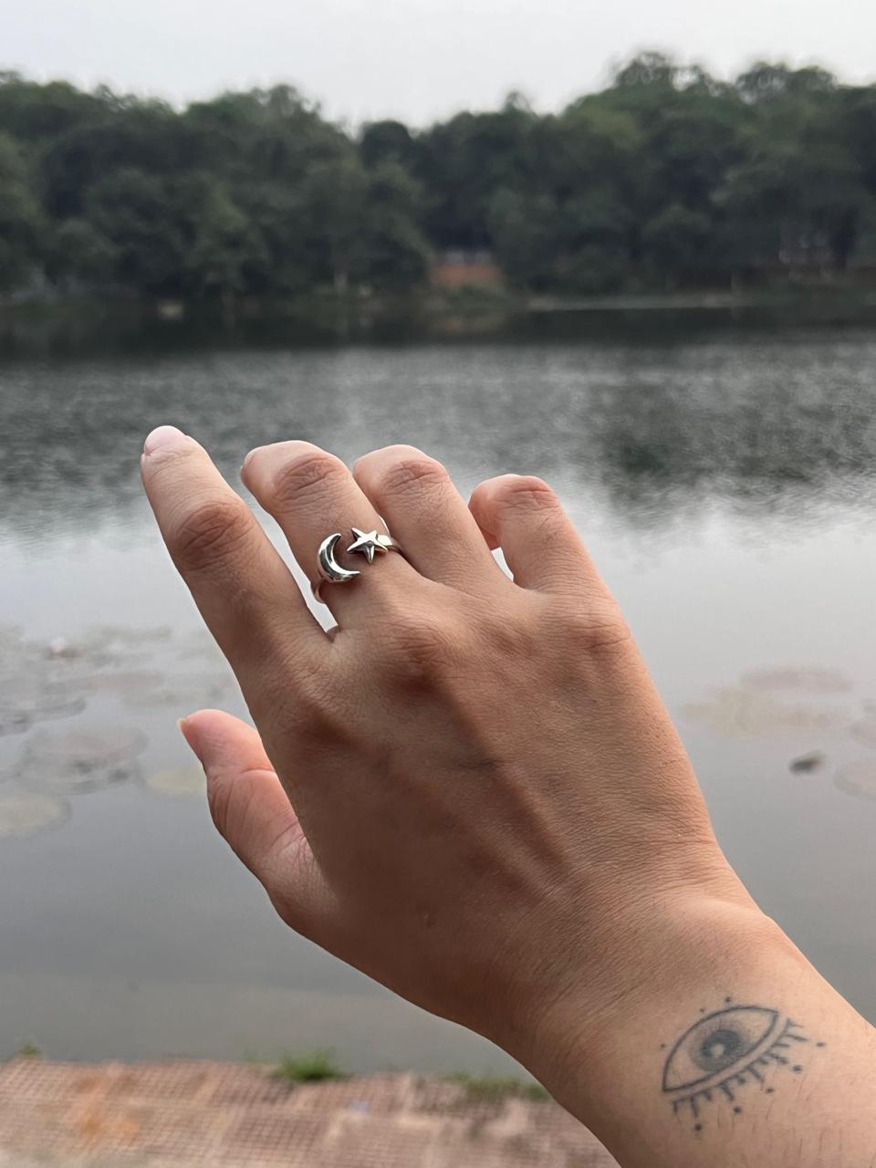 925 Sterling Silver Star Moon Adjustable Ring