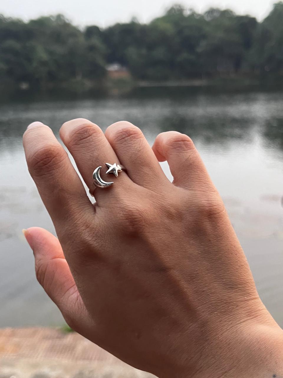 925 Sterling Silver Star Moon Adjustable Ring