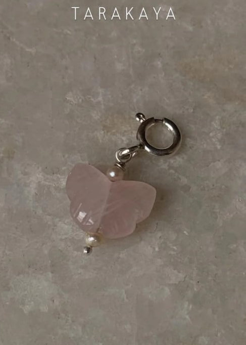 925 Sterling Silver Rose Quartz Butterfly & Green Aventurine Heart With Pearls Charm