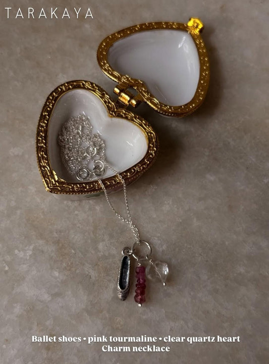 925 Sterling Silver Ballet shoe, Clear Quartz, Pink Tourmaline Charm