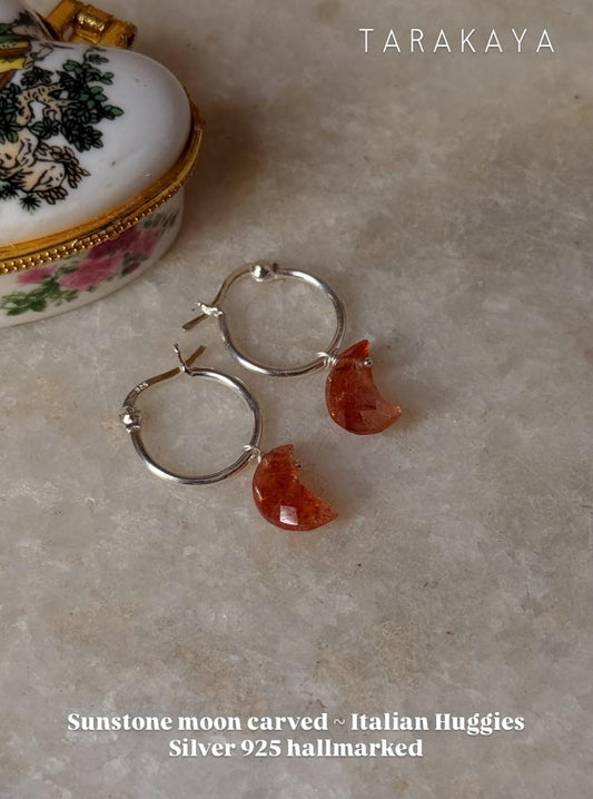 925 Sterling Silver Shiny Sunstone Crystal Moon Carved Italian Hoops