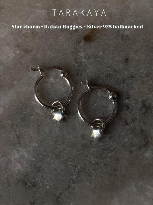 925 Sterling Silver Star Charm Italian Hoops