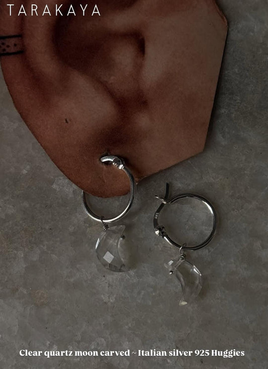 925 Sterling Silver Clear Quartz Moon Carved Charm Italian Hoops