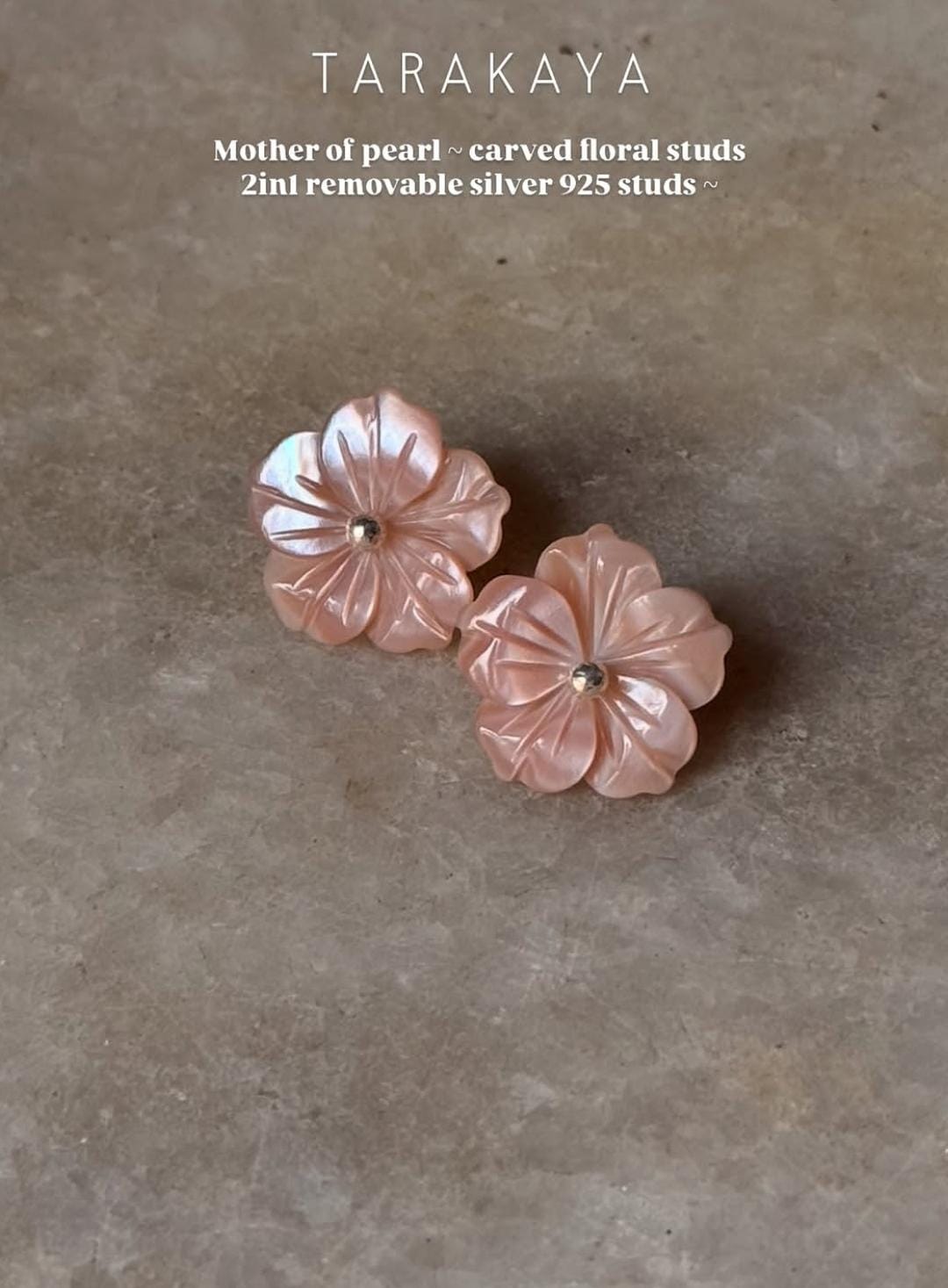 925 Sterling Silver Pink Mother Of Pearl Flowers Carved Studs