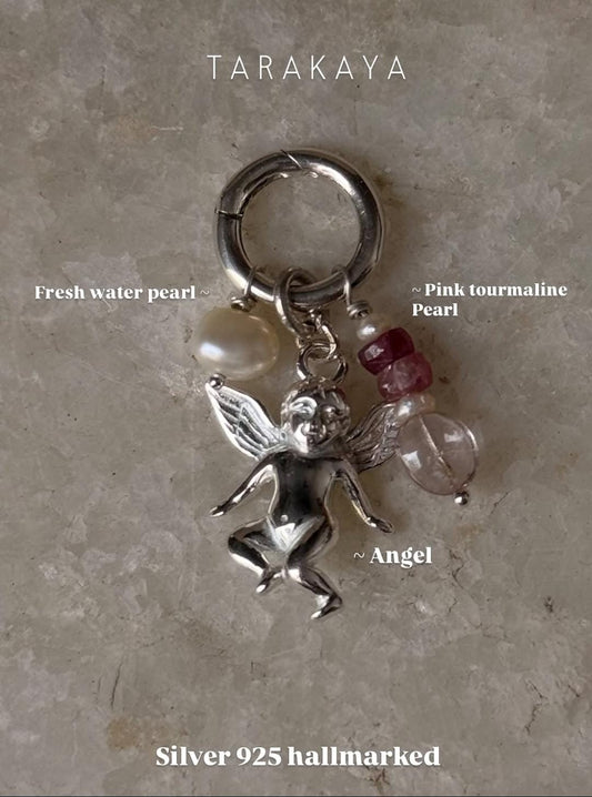 925 Sterling Silver Cherub Angel, Clear Quartz heart, Pearl Charm