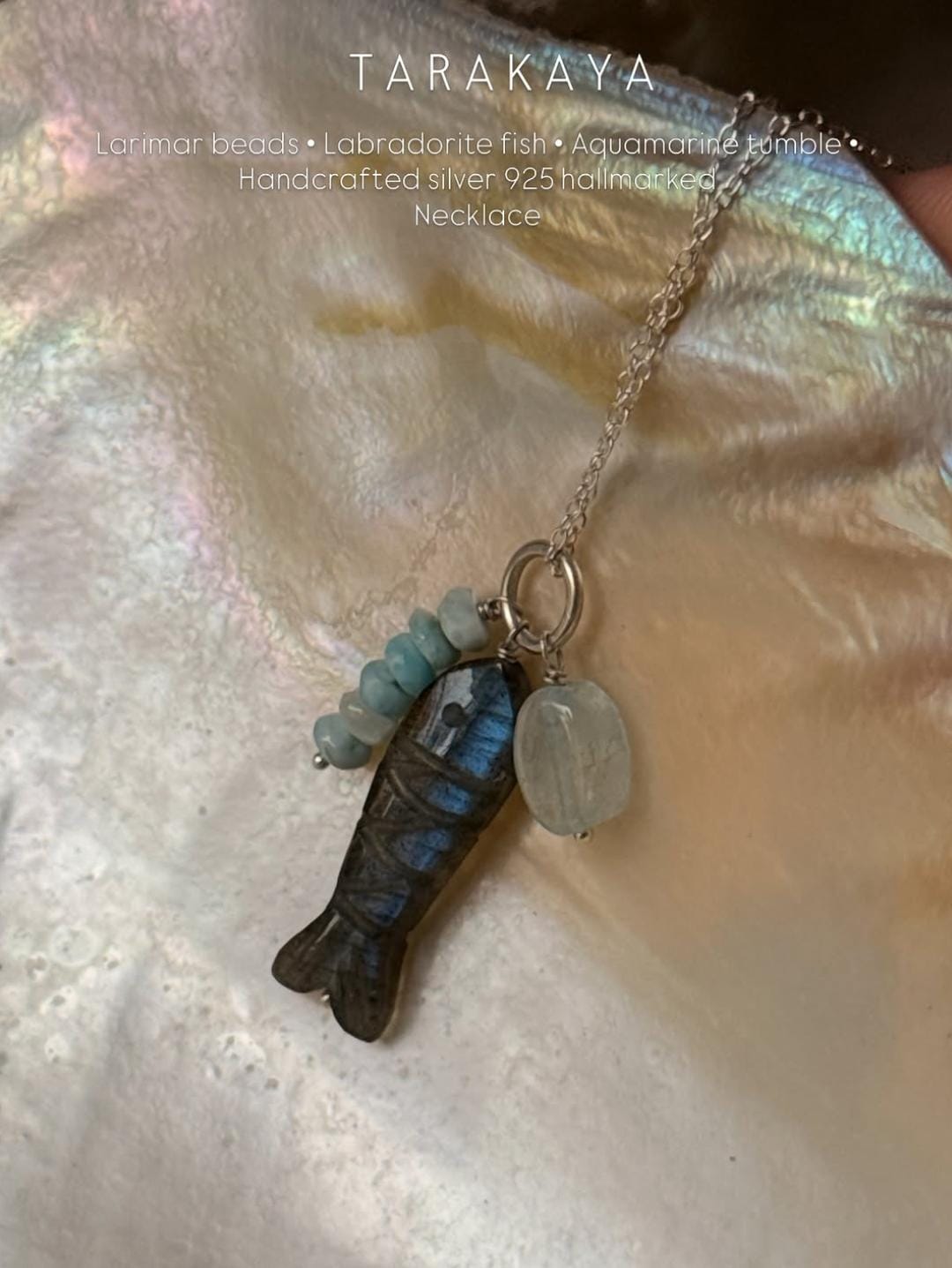 925 Sterling Silver Labradorite Fish Carved , Larimar & Aquamarine Small Tumble Dainty Cable Chain Necklace