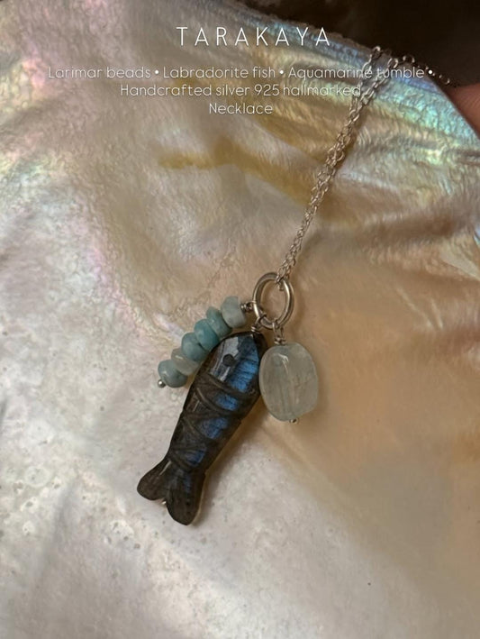 925 Sterling Silver Labradorite Fish Carved , Larimar & Aquamarine Small Tumble Charms Dainty Cable Chain Necklace