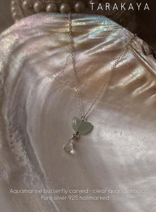925 Sterling Silver Aquamarine Butterfly, Clear Quartz Drop Handcrafted Necklace