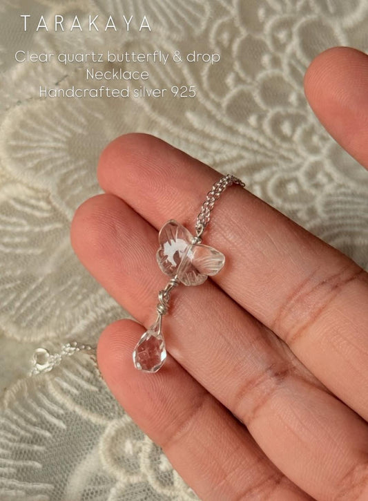 925 Sterling Silver Clear Quartz Butterfly, Clear Quartz Drop Handcrafted Necklace