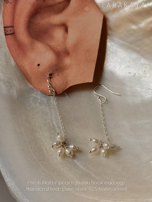 925 Sterling Silver Fresh Water Pearls Jhumki Charms Handcrafted Hook Earrings
