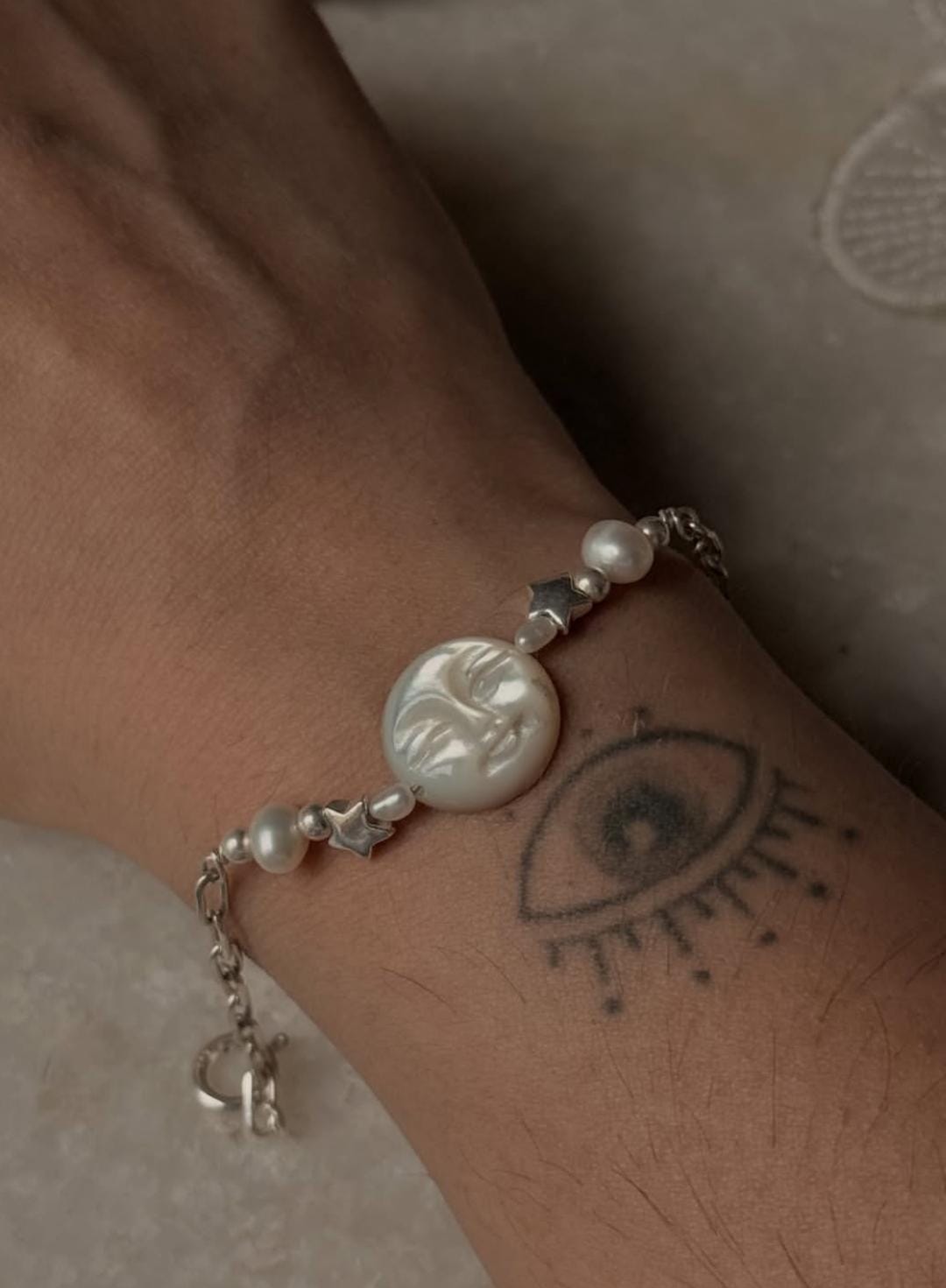 925 Sterling Silver Mother of Pearl, Pearls & Star Paper Clip Bracelet