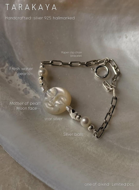 925 Sterling Silver Mother of Pearl Moon Face Carved, Fresh Water Pearls & Silver Stars, Paper Clip Self Designed Handcrafted Bracelet