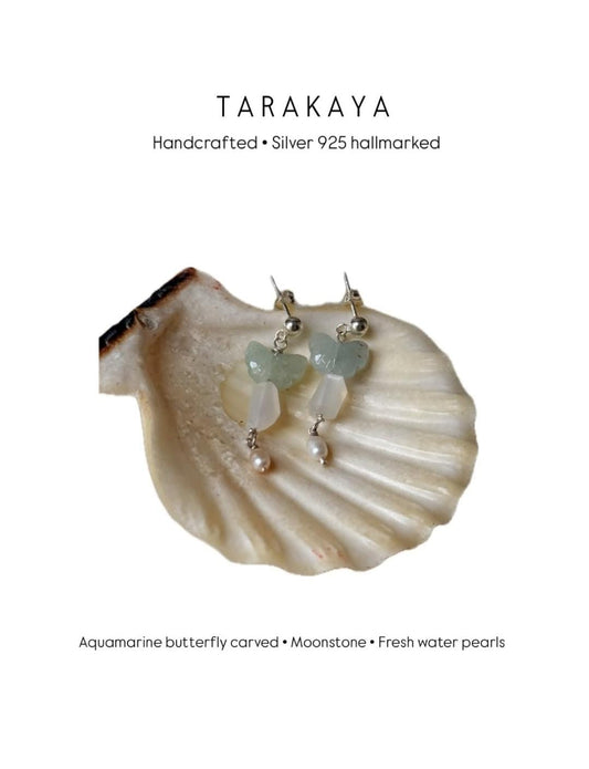 925 Sterling Silver Aquamarine Butterfly Moonstone Fresh Water Pearl Studs Earrings