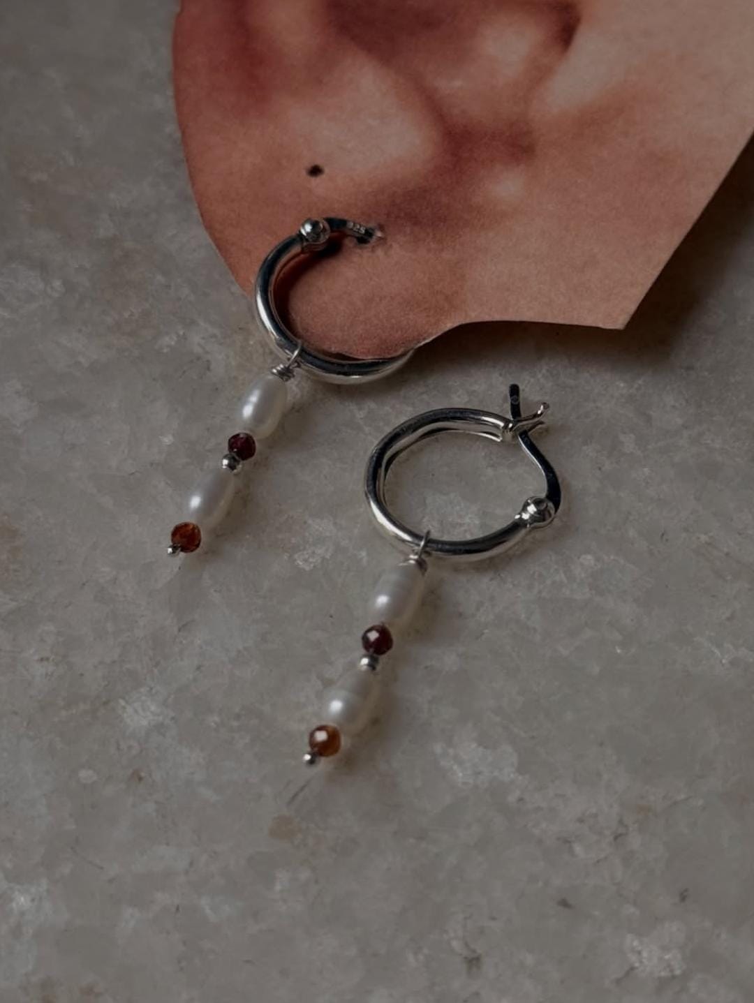 925 Sterling Silver Garnet & Hessonite 2mm Fresh Water Pearl Earrings