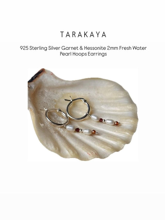 925 Sterling Silver Garnet & Hessonite 2mm Fresh Water Pearl Hoops Earrings