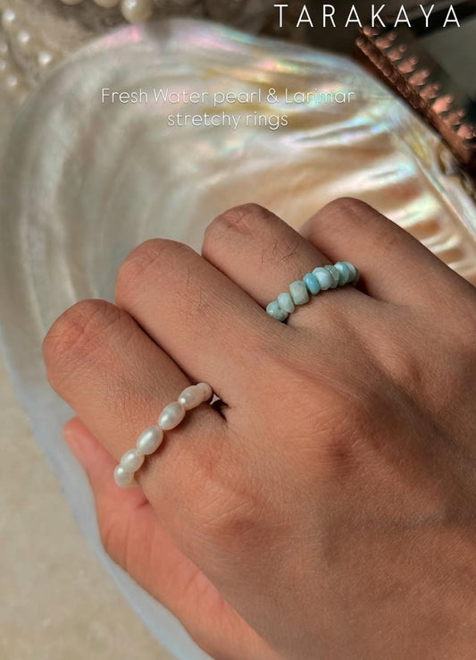 Natural Crystal Stretchy Larimar 3-4mm & Fresh Water Pearl Rings