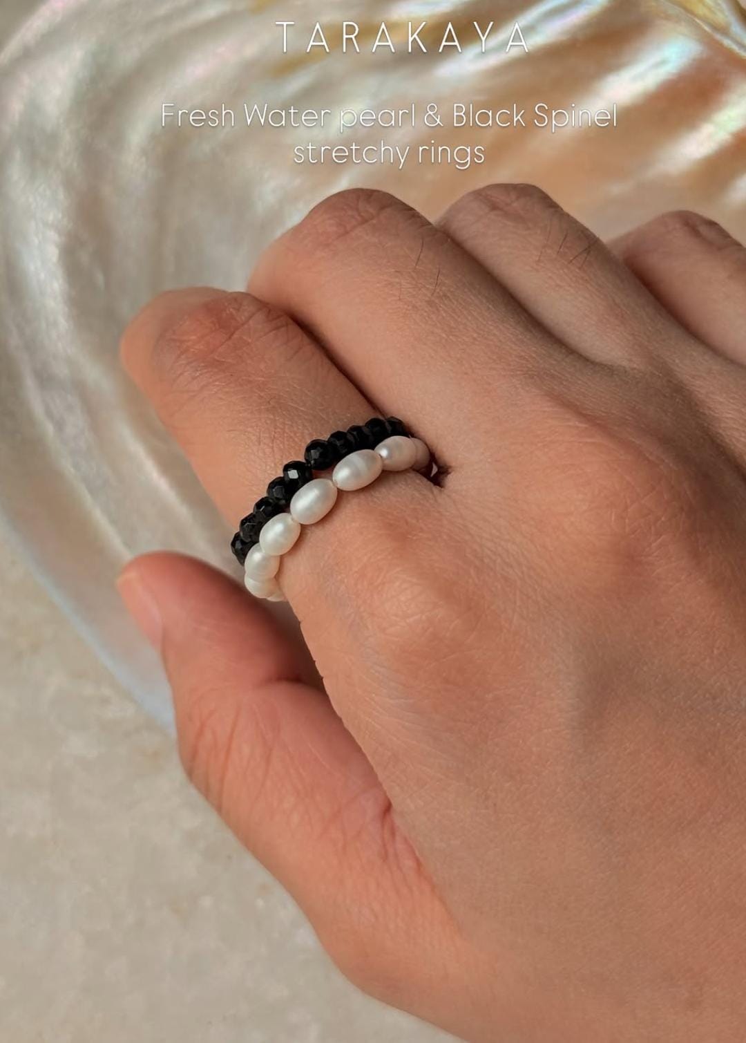 Natural Crystal Stretchy Black Spinel 3-4mm & Pearl Rings