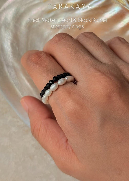 Natural Crystal Stretchy Black Spinel 3-4mm & Fresh Water Pearl Rings