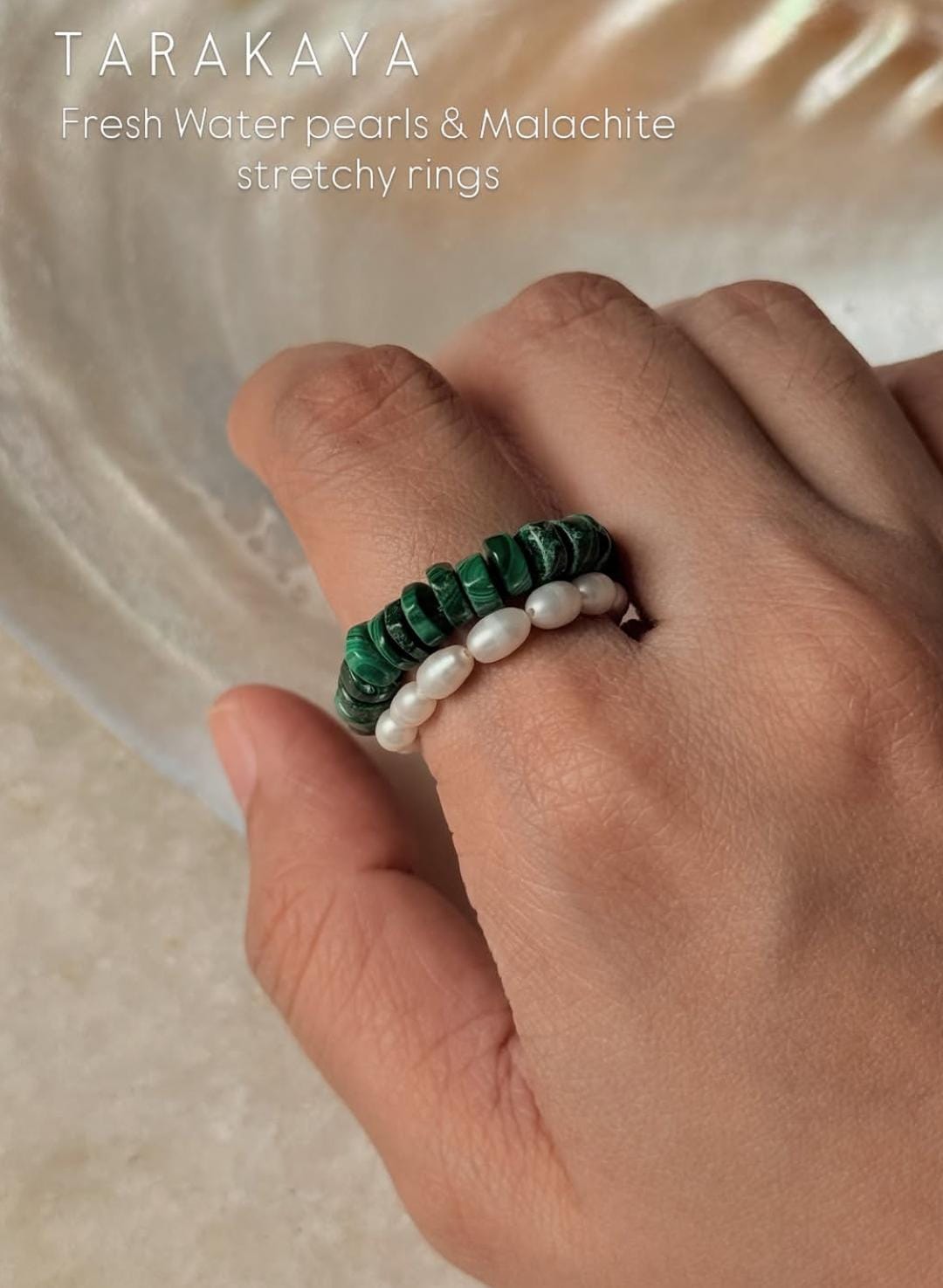 Natural Crystal Stretchy Malachite Flat 3-4mm & Water Pearls Rings