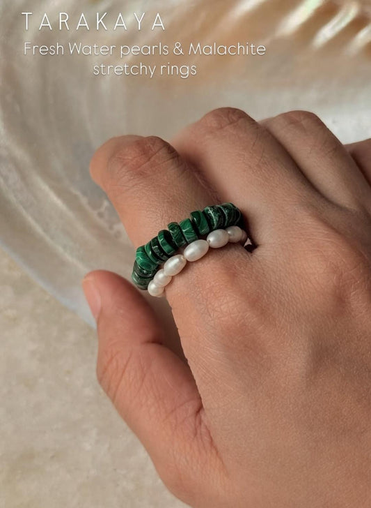 Natural Crystal Stretchy Malachite Flat 3-4mm & Fresh Water Pearl Rings